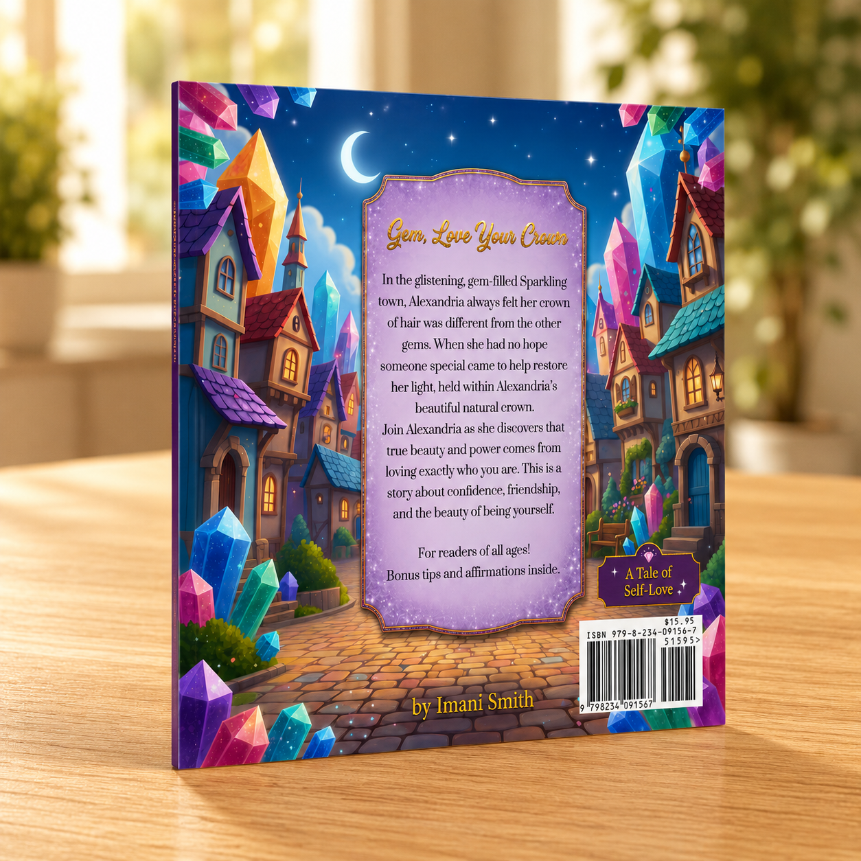 The back cover of a book titled 'You, Love Your Own' by Imani Smith, featuring a colorful fantasy illustration of a glowing green sparkling town under a crescent moon, standing on a wooden surface.