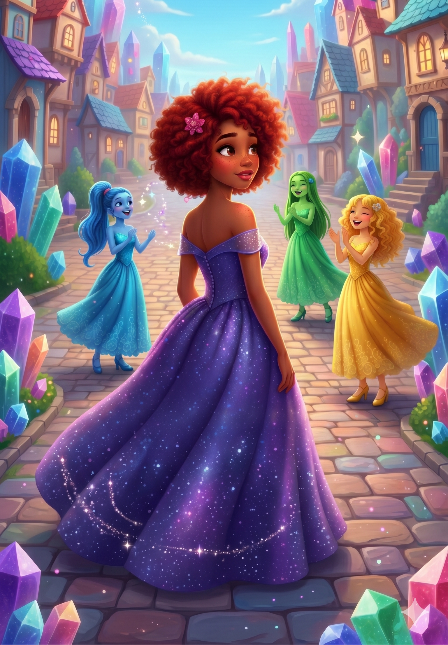 A colorful fantasy illustration of a young woman with curly red hair in a purple glittery gown, standing in a whimsical village with crystal towers and other children in blue, green, and yellow dresses under a crescent moon.
